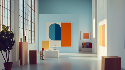 Film Still from Quiet Creations: Spacious Brooklyn Studio with High Ceilings Showcasing Minimalist Geometric Artworks in Orange and Blue