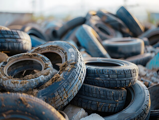 Dump, junkyard of old used car tires. Neural network AI generated art