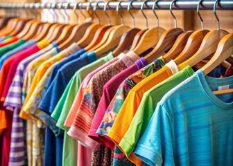 Fototapeta premium Vibrant, folded t-shirts in various colors and patterns hang from a wooden hanger on a clothing rack, showcasing a summer fashion collection for sale.