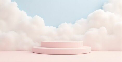 Podium, pedestal, sky and clouds in the background, all in pastel colors