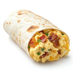 A breakfast burrito stuffed with scrambled eggs, bacon, and cheese