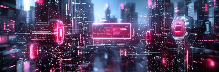 Fototapeta premium Futuristic AI metropolis, digital networks, advanced technology, holographic interfaces