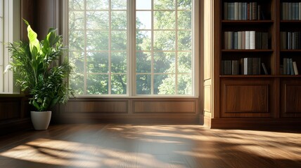 Sunlit library with walnut paneling and natural beauty.