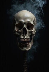 Fototapeta premium Scary evil skeleton skull with smoke on black background. Halloween and Day of the Dead concept. No Smoking campaign
