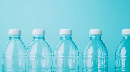 Row of clear plastic water bottles against a soft blue background, ideal for wellness, hydration, and lifestyle themes.