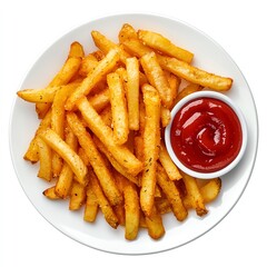 A plate of crispy golden french fries with a side of ketchup