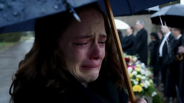 Woman Crying at Funeral Service Under Umbrella with Mourners in Background