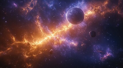 Obraz premium A Cosmic Landscape with a Large Planet and Nebulae