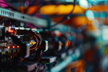 Close-up of cryptocurrency mining rig, colorful wires and lights