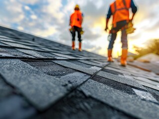 Roofer team inspecting the new roof shingles at sunset, ensuring perfect installation. Professional roofing work and quality craftsmanship.