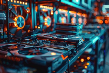 Close-up of GPU rigs mining cryptocurrency with neon lights