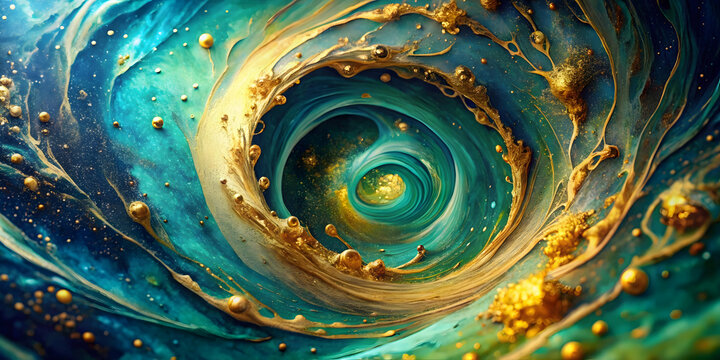 Cosmic Whirlpool: Abstract art, digital painting, swirling colors, green, gold, blue,  cosmic, galaxy, nebula, space, universe, celestial, abstract,  art, digital,  paint,  fantasy,  whirlpool,  vorte