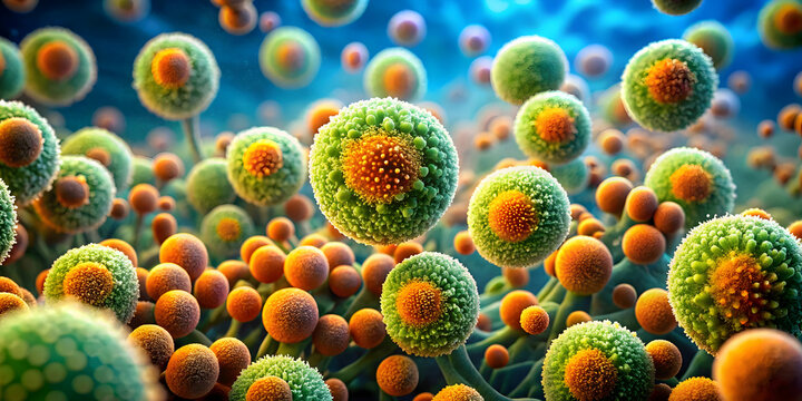 Microscopic World: A mesmerizing close-up of vibrant green and orange mold spores, revealing the intricate beauty of the microscopic world.  