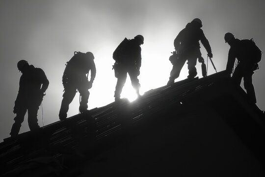 Silhouetted workers standing on a rooftop against a bright sky, symbolizing teamwork and construction efforts.