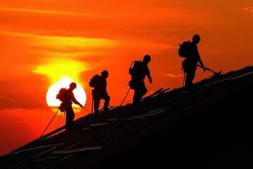 Fototapeta premium Silhouettes of four workers fixing roof at sunset, creating a striking contrast against the vibrant orange sky, showcasing teamwork and determination.