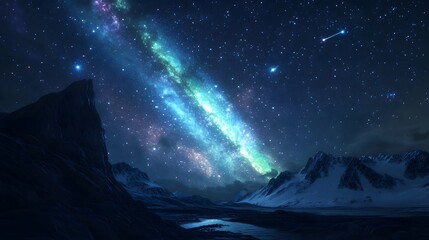 Fototapeta premium A hyper-real, high-quality illustration of the Northern Lights reflecting across the night sky, the Milky Way bright, with stars twinkling, meteors and satellite in orbit, sharp and detailed