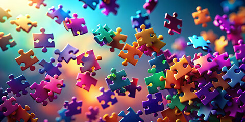 Dancing Pieces, Infinite Possibilities: A kaleidoscope of colorful puzzle pieces float in a vibrant, abstract space, symbolizing the excitement and challenge of problem-solving and innovation. 