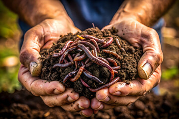 Nurturing Life: Earthworms wriggle in rich, dark soil held in weathered hands, symbolizing sustainable gardening and the vital role of nature's decomposers. 