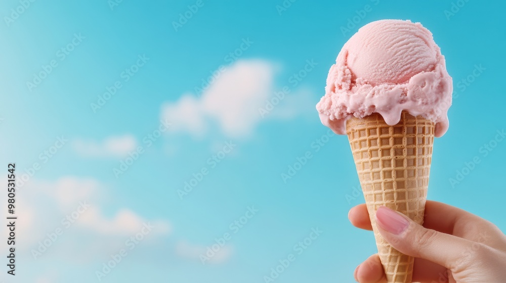 Poster A hand holding an ice cream cone with pink and white swirls, AI