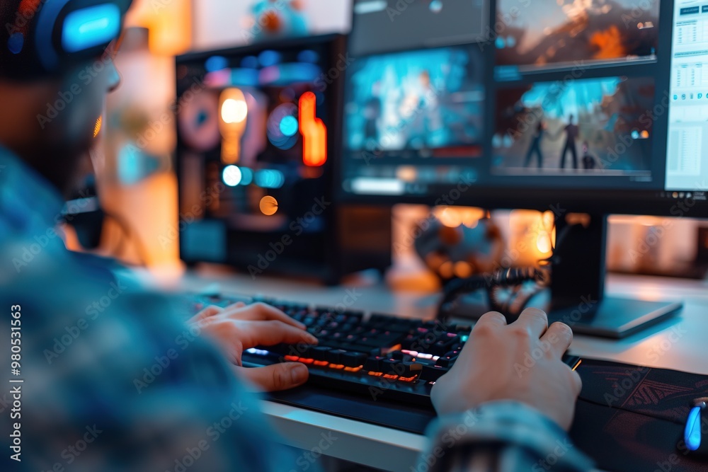 Poster man developing game with dual screens and rgb keyboard