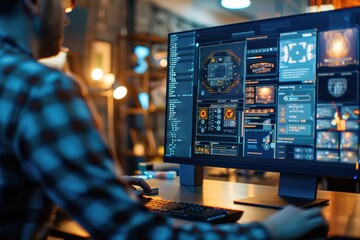 Male game designer working on futuristic UI