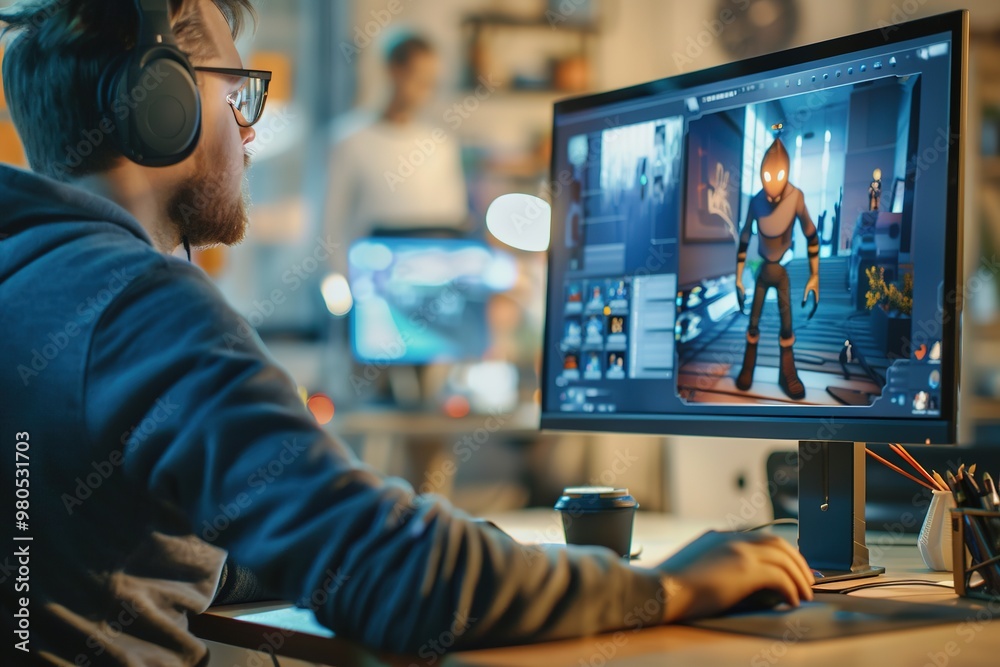 Fototapete man designing 3d character model on computer in modern office
