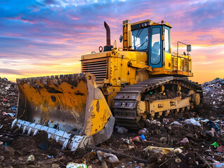 Fototapeta premium A bulldozer works at a landfill, waste recycling process. Neural network AI generated art