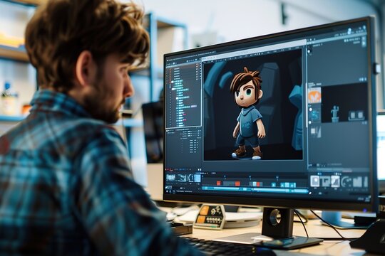 Man working on 3D character design at computer workstation