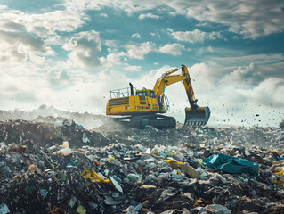 A bulldozer works at a landfill, waste recycling process. Neural network AI generated art