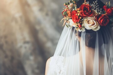 Fototapeta premium Elegant bridal hairstyle adorned with delicate floral details, showcasing the beauty and grace of the bride's hair design for her special wedding day.