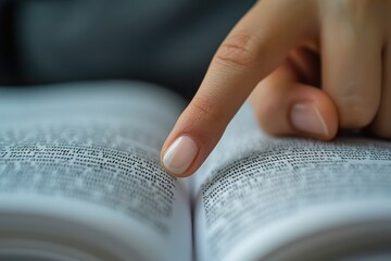 Close-up of a person's hand pointing to text in an open book, highlighting a section of the page for reading or studying purposes.