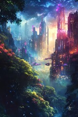 A vibrant side view of a fantastical landscape blending futuristic cityscapes with lush