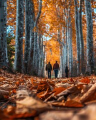 A path lined with trees in autumn, covered in fallen leaves. AI.