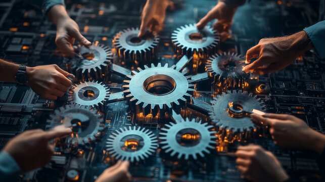 A circle of interconnected gears turning together, symbolizing teamwork and interconnectedness