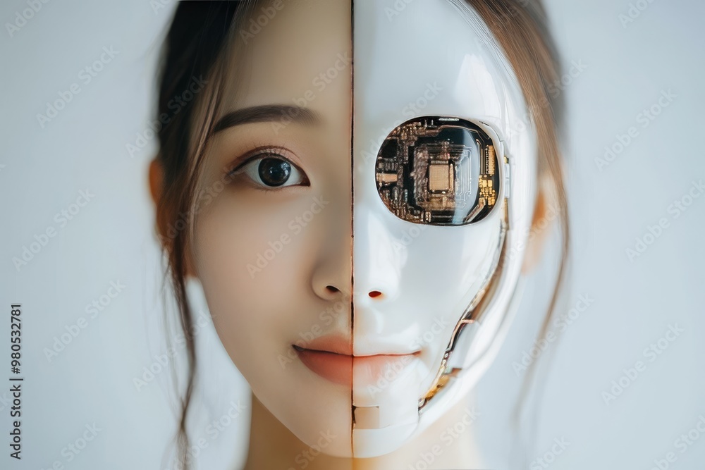 Wall mural Woman with half human half robotic face revealing mechanical inner components symbolizing the integration of human and artificial intelligence in futuristic technology