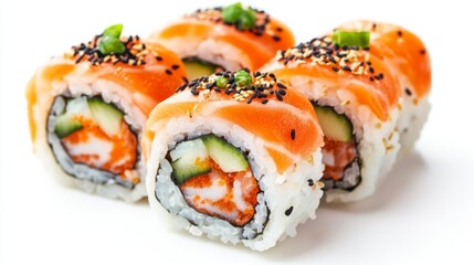 Roll with salmon, shrimp, cucumber, and Chuka salad inside, Green Tobiko on top of the roll on a Sushi Japan