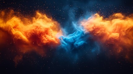 Fototapeta premium Abstract orange and blue powder explosion transparent background