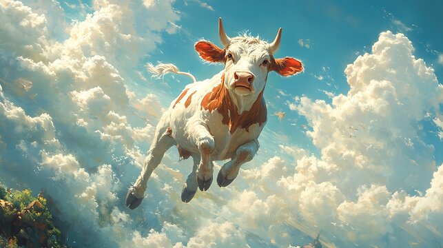 A brown and white cow leaps through the air, against a backdrop of fluffy white clouds and a bright blue sky.