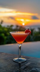 A refreshing drink with a tomato garnish, enjoyed at sunset. AI.