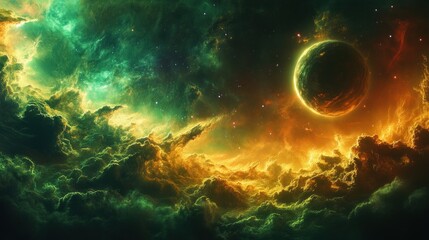 Fototapeta premium A celestial landscape with a planet and glowing gas clouds