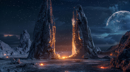 Two large stone pillars in an alien landscape with glowing lights between them under a dark sky.