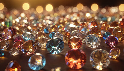 A vibrant collection of gemstones in various colors is arranged casually on a surface, illuminated by warm light that enhances their brilliance and creates a shimmering effect