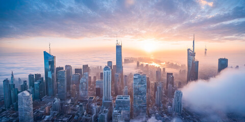 Cityscape with clouds at sunset.