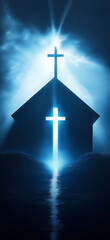 Religious background. A Churche with cross and light coming from behind. Christianity concept