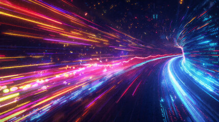 Abstract futuristic background with colorful light streaks and digital data, creating a tech concept.