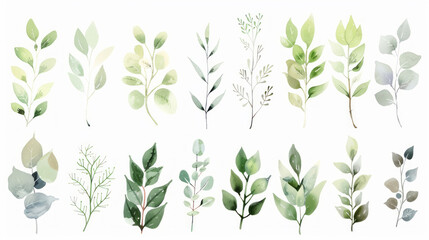 Set of watercolor greenery branches and leaves on a white background, featuring a pastel color palette.