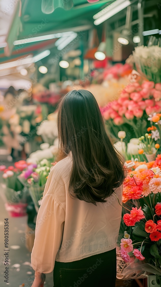 Wall mural person walking through a local flower market