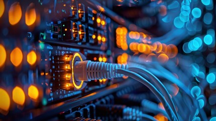 Close-up of network cables connected to a server in a data center, with brightly lit indicators showing active network activity.
