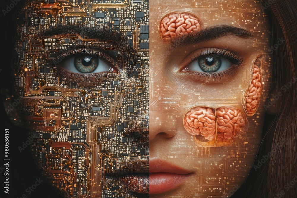 Canvas Prints Woman’s face half cybernetic half human symbolizing the duality of organic life and artificial intelligence in a future of human machine integration