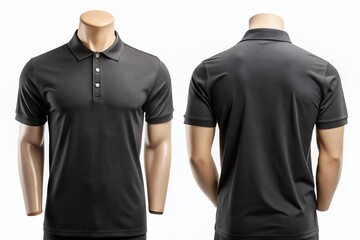 Empty black polo shirt with a classic collar and button placket, displayed on a mannequin, showcasing front and back views, perfect for branding or design mockups.